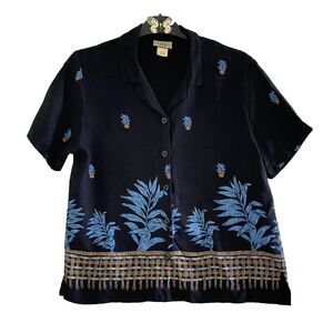 Vintage 80s Teddi Shirt Leave Print Size Large‎ Rayon Short Sleeve Black